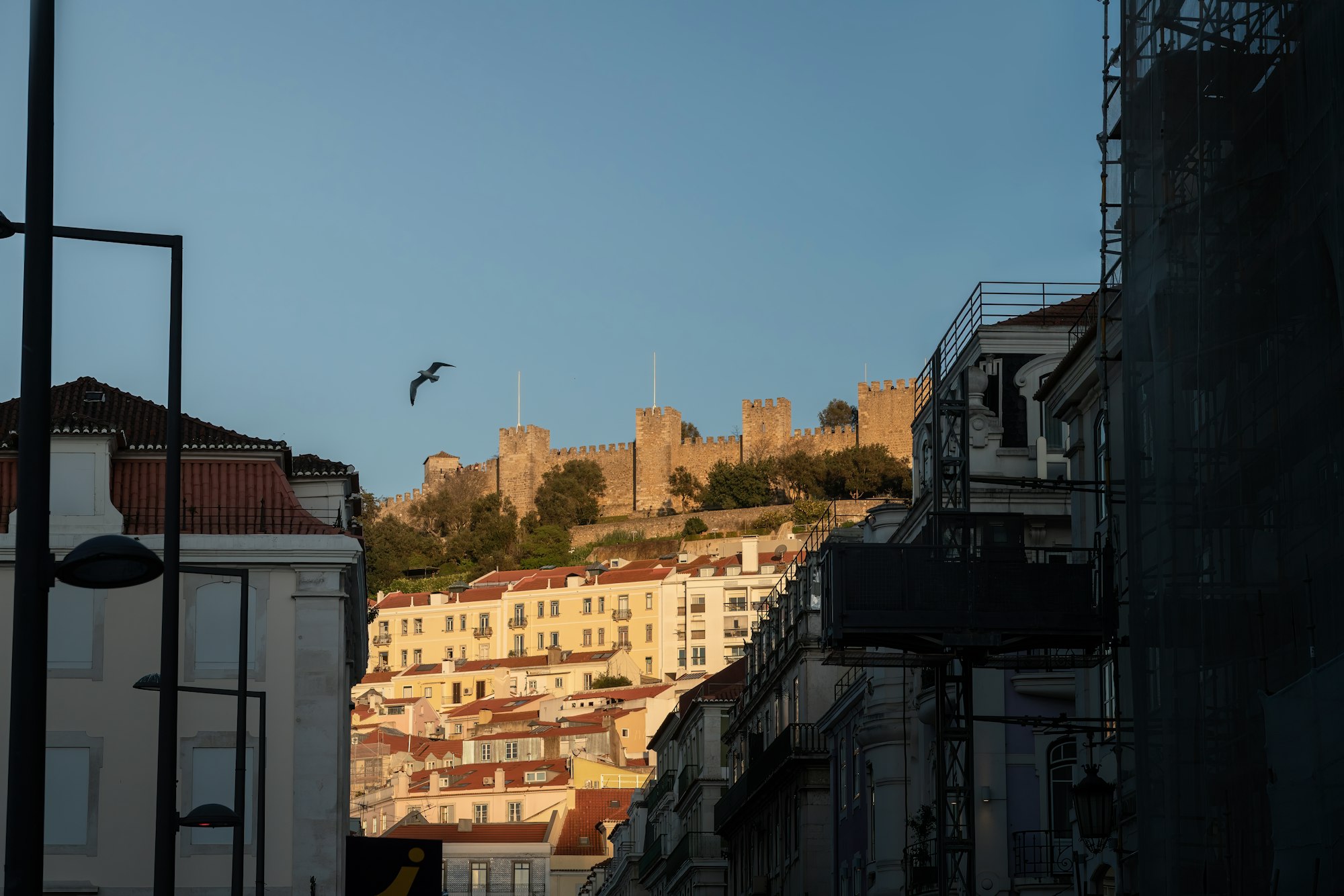 Walls of Saint George Castle (Castelo de Sao Jorge) view from downtown at sunset - Lisbon, Portugal